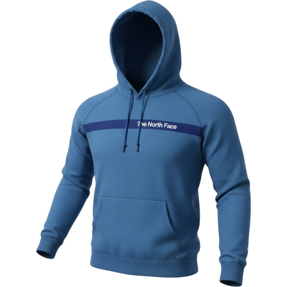 The North Face Mens XXL Blue Fleece Hoodie Chest Stripe Logo Pullover Sweatshirt